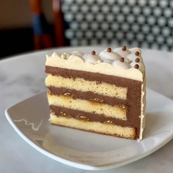 Slice of Salted Caramel cake showing layers of mousse swirls, vanilla cake, and topped with salted caramel whipped creams, and, white and chocolate pearls