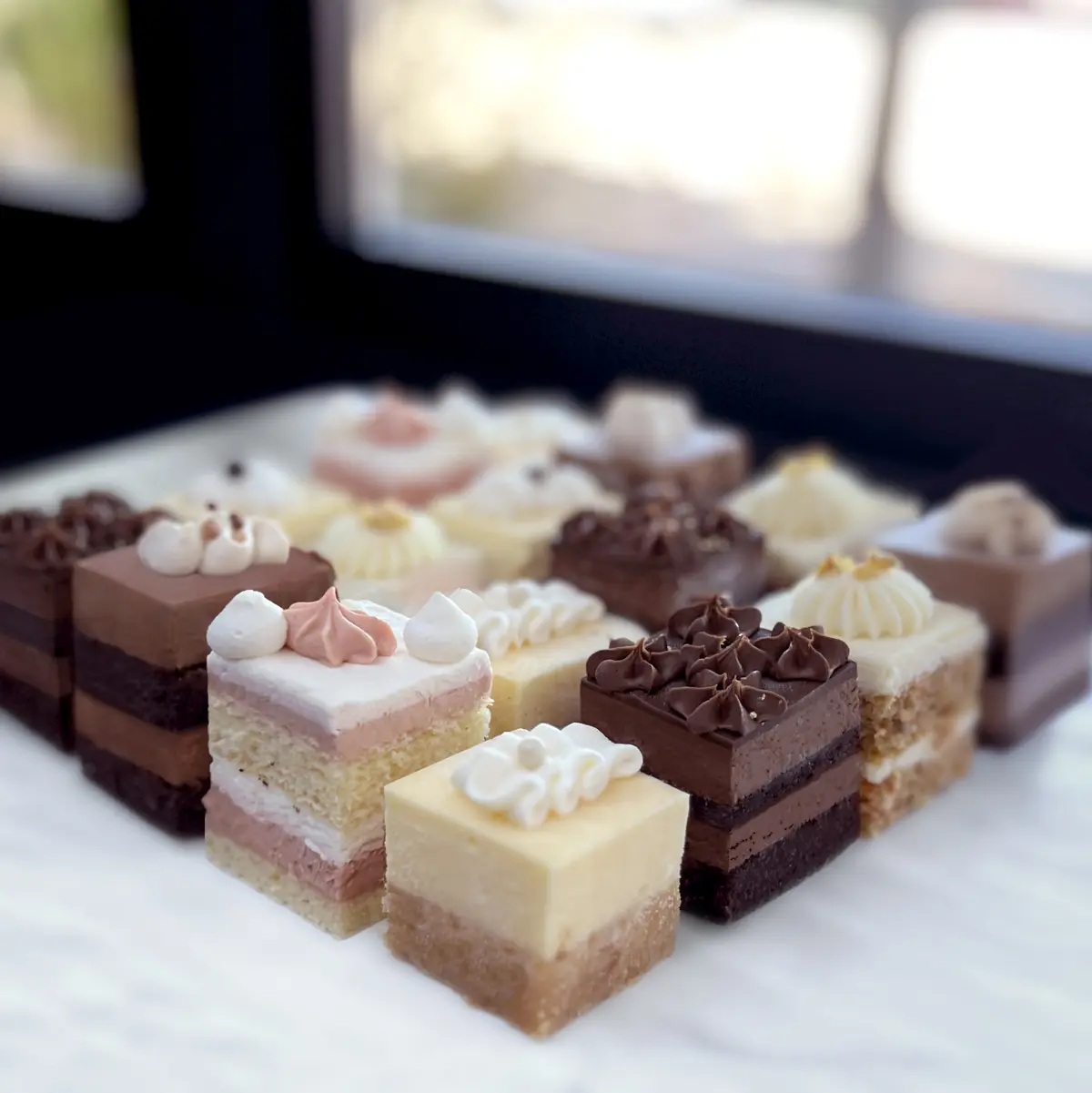 Mini cakes arranged on marble table