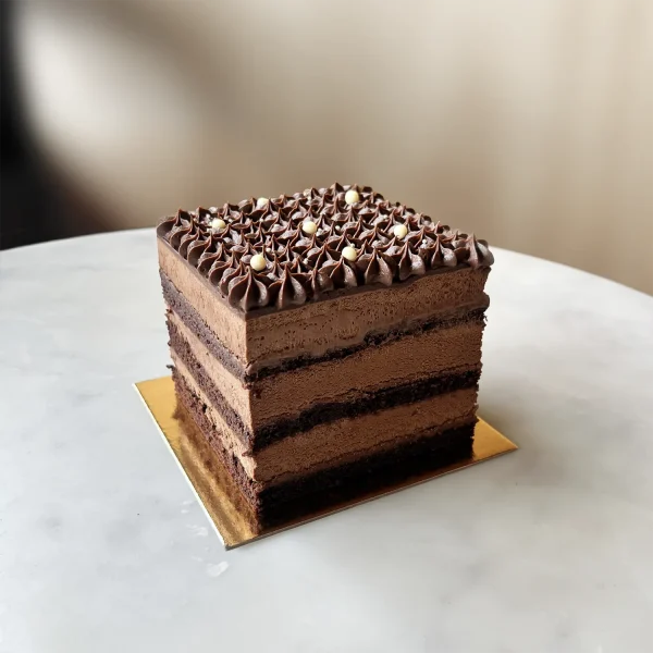 Chocolate Decadence cake showing exposed layers of dark chocolate cake and chocolate mousse, topped with star-piped ganache rosettes and white chocolate pearls
