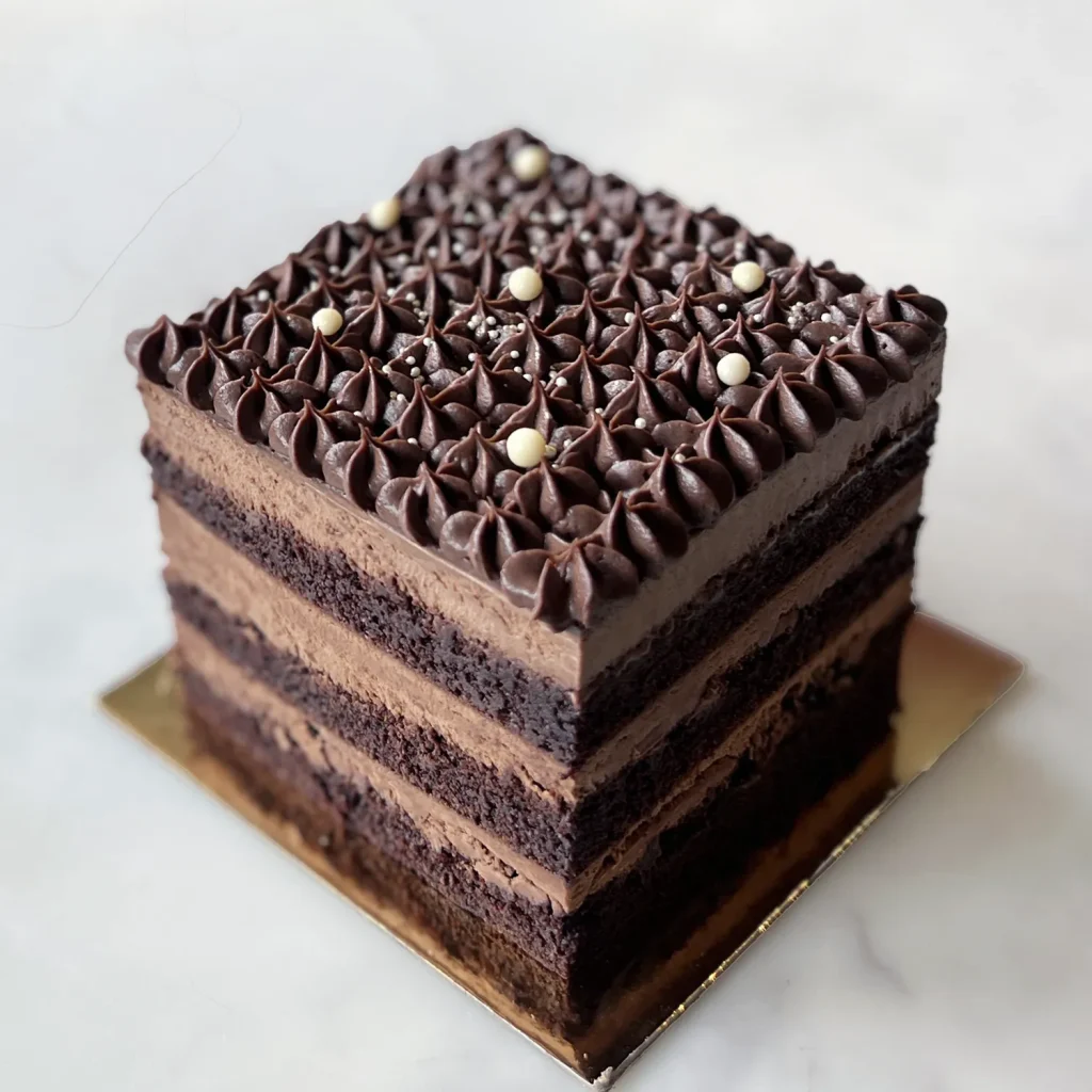 Chocolate Decadence cake — layers of dark Devil's food cake and bittersweet chocolate mousse, topped with star-piped ganache rosettes, white chocolate pearls and silver sugar pearls