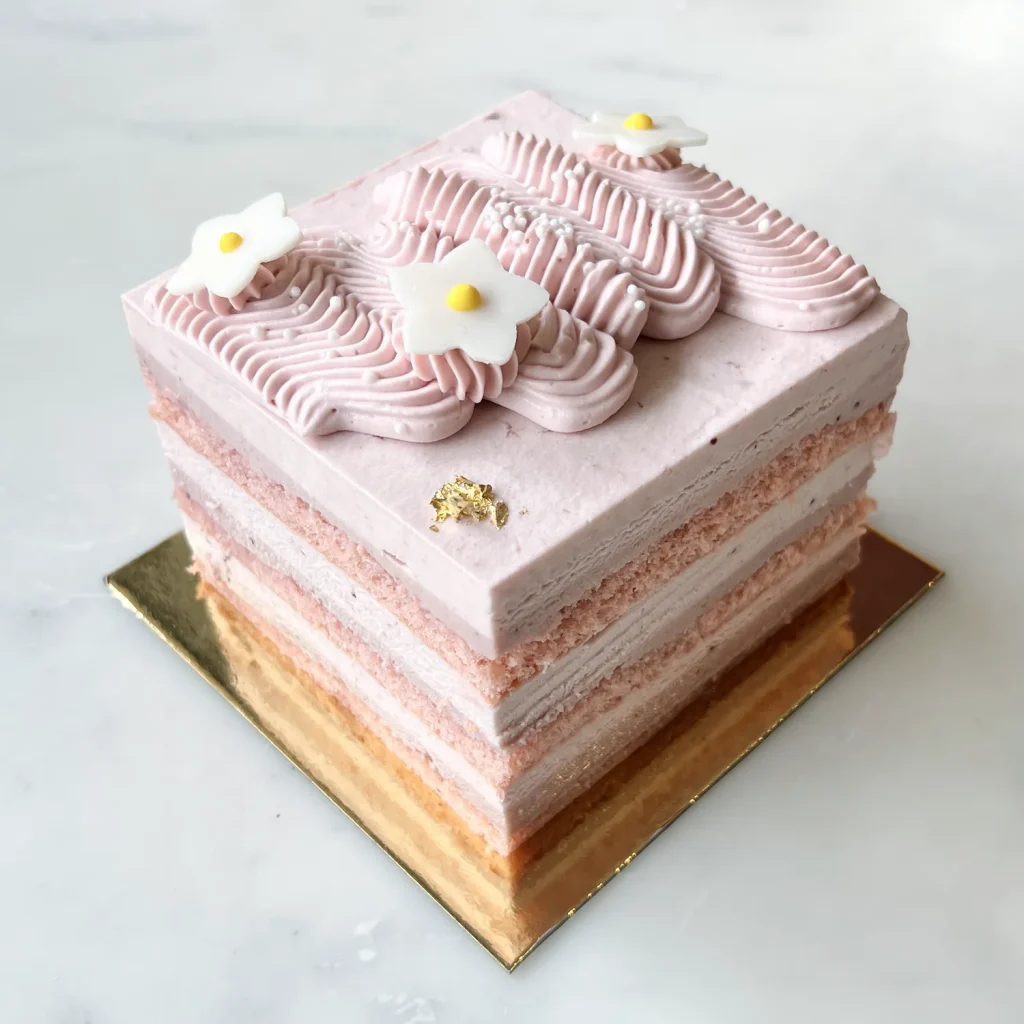 Strawberry Bliss cake from a three-quarter angle — exposed layers of strawberry genoise, namelaka cream and mousse, topped with wavy piped cream, white fondant flowers and gold leaf
