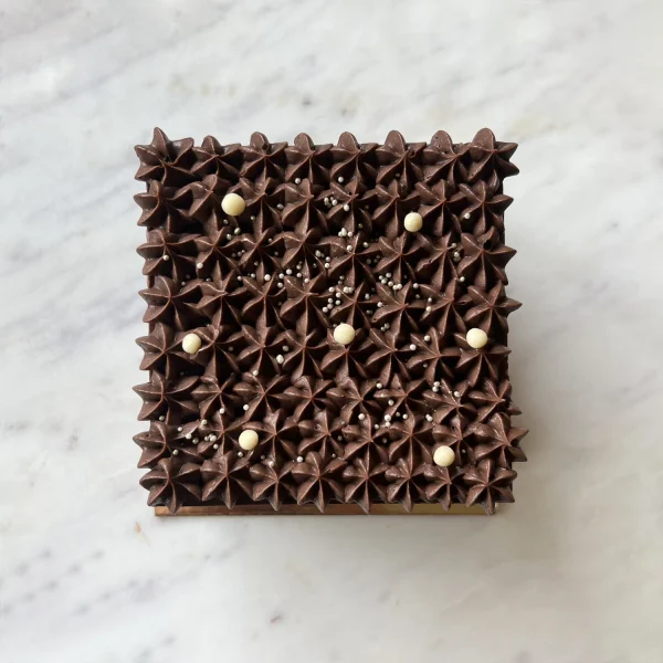 Top-down view of Chocolate Decadence cake — dense grid of dark chocolate star-piped rosettes with white chocolate pearls and silver sugar pearls